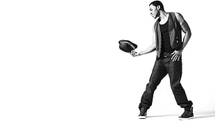 grayscale photo of man wearing vest and pants HD wallpaper