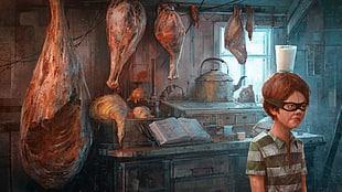 boy wearing glasses standing inside room with hanged raw meats illustration, meat