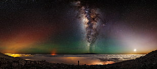 multicolored sky with stars, landscape, nature, Milky Way, volcano