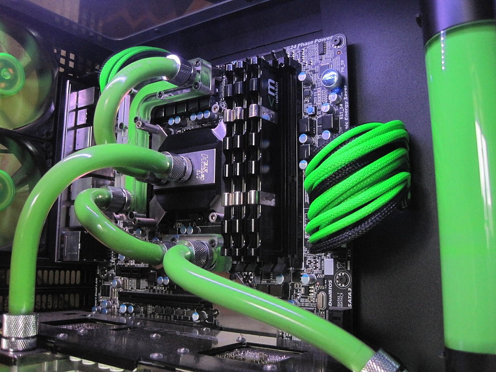 black and green computer motherboard, computer, window, water cooling HD wallpaper