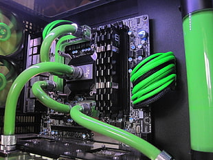 black and green computer motherboard, computer, window, water cooling HD wallpaper