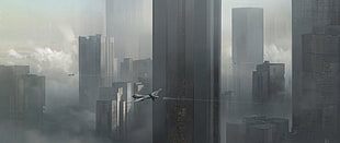 airplane near high-rise buildings, fantasy art, MQ-9 Reaper