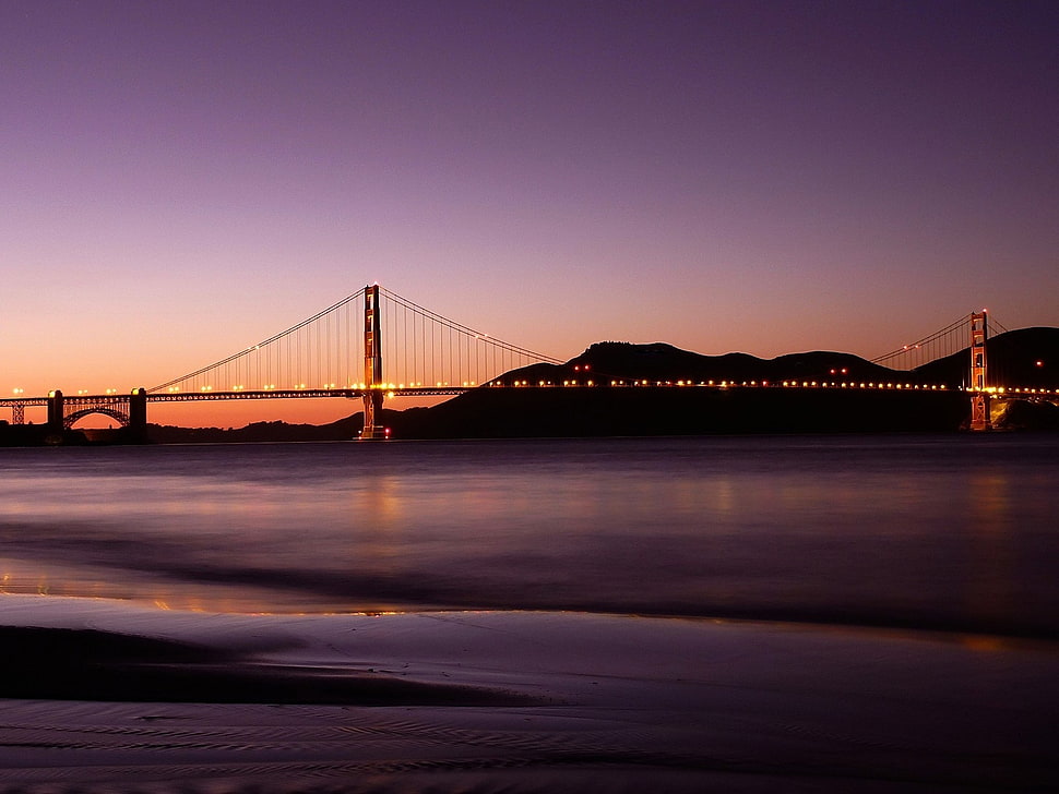 red bridge under white sky HD wallpaper