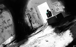 white painted wall, Dead Space, Isaac Clarke, monochrome, selective coloring