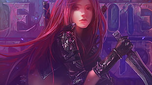 female character with red hair holding dagger digital wallpaper