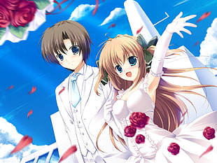 man and woman wedding anime illustration
