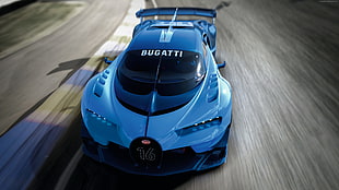 timelapse photography of blue Bugatti Vision along race track