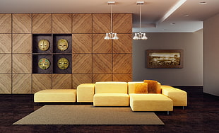 yellow fabric sectional sofa near wall decors HD wallpaper