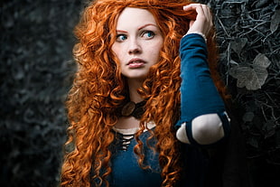 Merida cosplay, women, redhead, curly hair, selective coloring