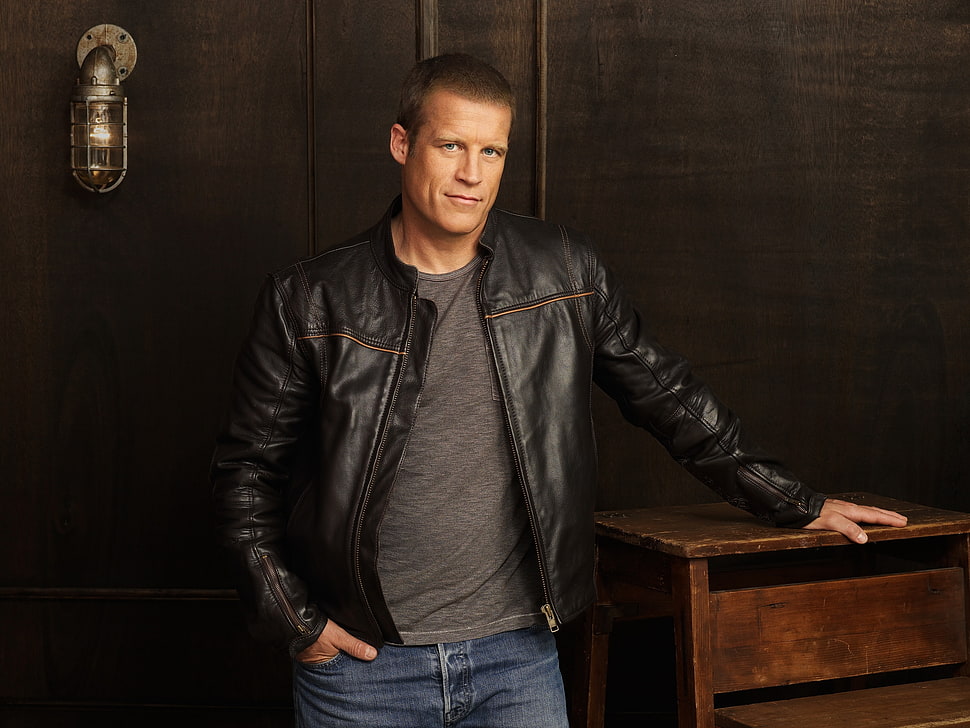 men's black zip-up leather jacket HD wallpaper