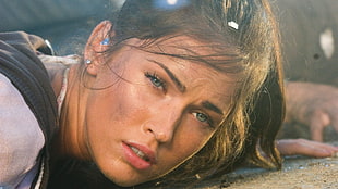 Megan Fox, Megan Fox, closeup, brunette, blue eyes HD wallpaper