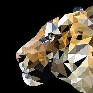 brown lion head artwork, tiger, low poly, illustration, triangle