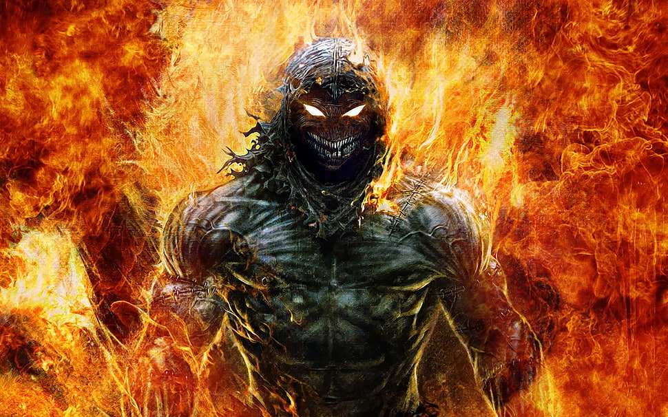 video game screenshot, fantasy art, fire, Disturbed, demon HD wallpaper