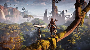 Link of Legend of Zelda standing on a tree branch digital wallpaper