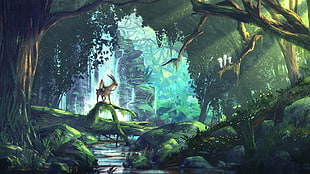 person riding on gazelle on forest illustration, Hayao Miyazaki, Princess Mononoke, Ashitaka, Kodama