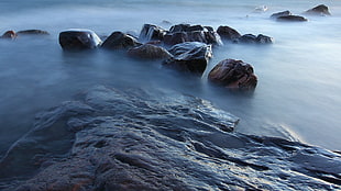fogged gray rock cliffs photo HD wallpaper