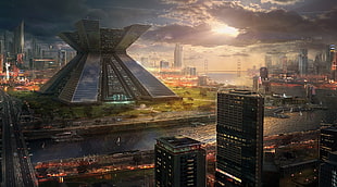 aerial photo of buildings, science fiction, futuristic, digital art