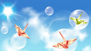 origami illustration, paper cranes, bubbles, vector art, lens flare
