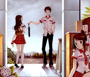 male anime character holding umbrella giving to female character