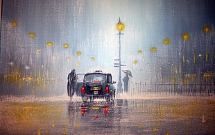 man beside black taxi painting, artwork, city, rain, lantern