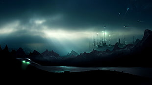 UFO's flying around near castle during dawn HD wallpaper