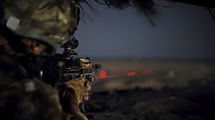 black assault rifle with laser pointer, military, soldier, British Army, lasers