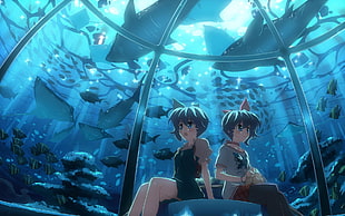 two anime character sitting in aquarium scene