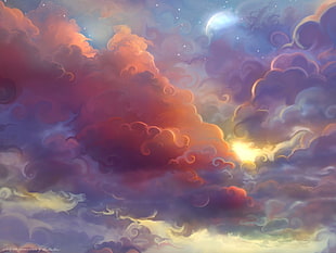 cloudy sky wallpaper, artwork, clouds, anime, colorful