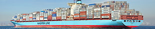 blue and brown cargo ship, ship, Maersk, panorama, harbor