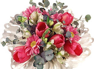 pink, white, and green flowers arrangement with white background