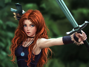 red-haired female warrior character HD wallpaper