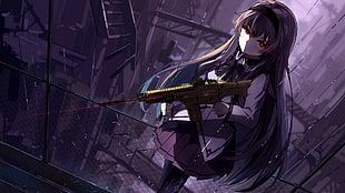 female anime character digital wallpaper, Mahou Shoujo Madoka Magica, Akemi Homura, FN SCAR, suppressors HD wallpaper