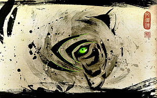 green eye surrounded by black and white marks artwork