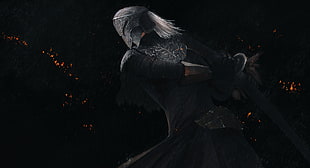 female character wearing helmet graphic poster, fantasy art, sword, armor, warrior
