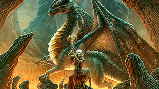 brown dragon character and female character wallpaper, dragon