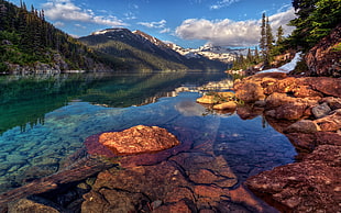 green trees, landscape, water, mountains, Canada