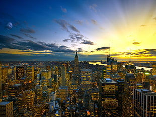 aerial photography of city, New York City, sky, lights, landscape
