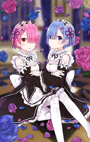 two female anime characters wearing white-and-black dress