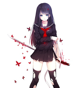 female anime character, sword, blood, katana, school uniform HD wallpaper