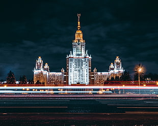 white concrete building, Russia, Moscow, lights, night