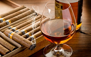 clear brandy glass, cigars, photography, glass, Cohiba