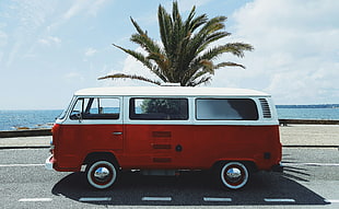 white and red Volkswagen van, vw bus, red, France, beach