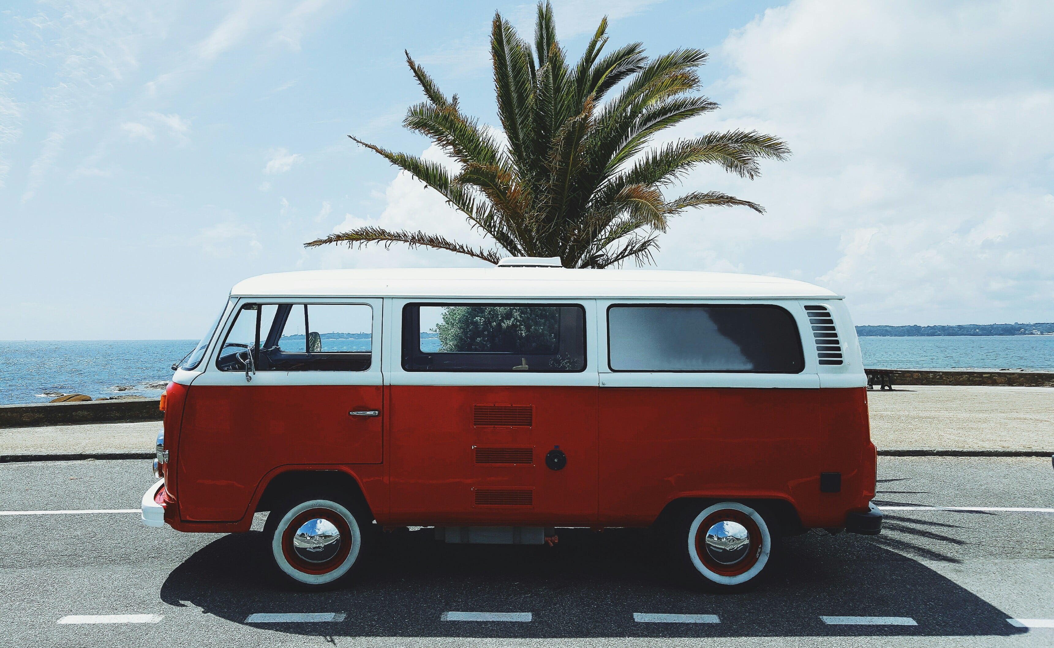 white and red Volkswagen van, vw bus, red, France, beach