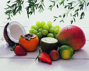 assorted fruits on marble tile HD wallpaper