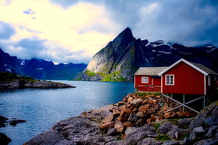 white and red wooden house, house, mountain pass, water, nature