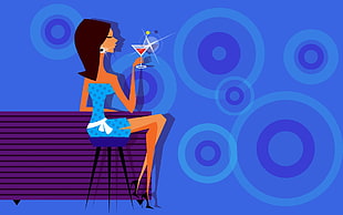 woman in blue holding cocktail glass sitting near on bar table illustration HD wallpaper