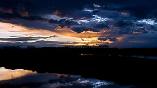 gray clouds, landscape, sunset, reflection, clouds