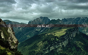 green leafed trees with text overlay, landscape, motivational, mountains