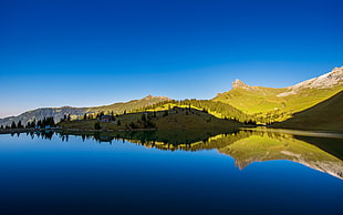 landscape photo of body of water and mountain HD wallpaper