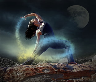 woman in black tank top and pants bending with full moon on background HD wallpaper